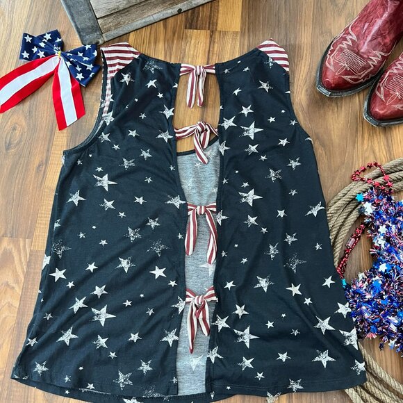 Stars, Stripes & Bows Open Back Tie Women's Sleeveless Tank Top - Small - Picture 7 of 12